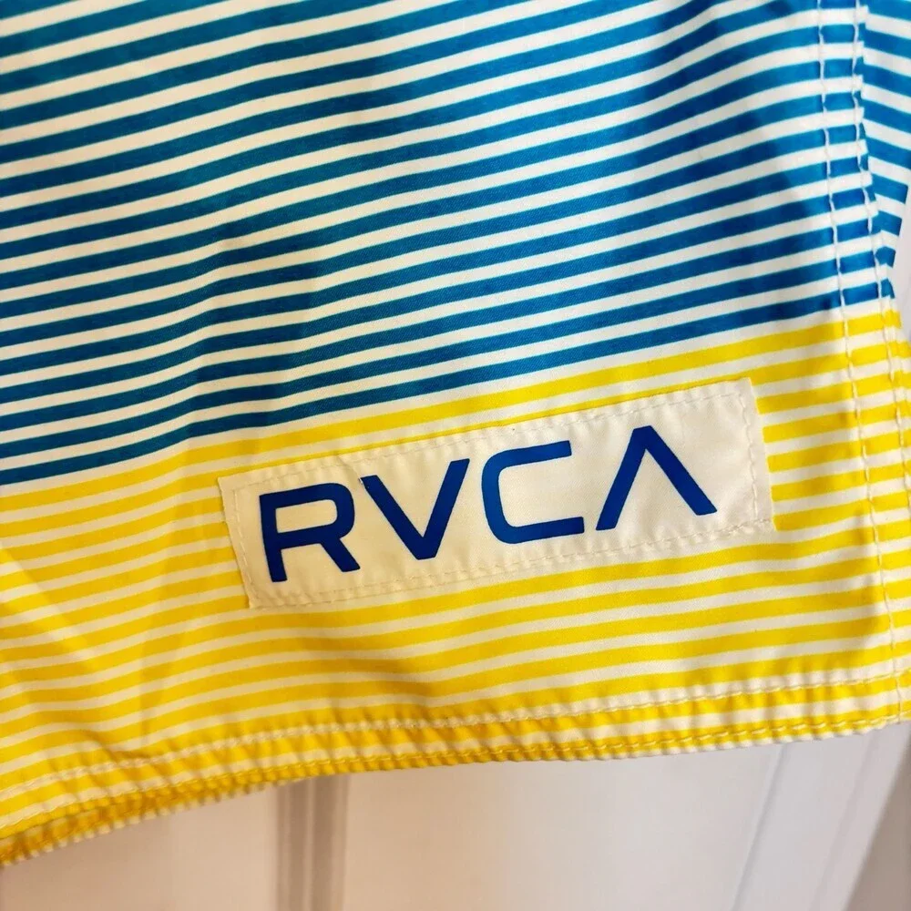 RVCA Performance Stretch Board Shorts Men's Size 32 Yellow Blue Striped Swim Tru